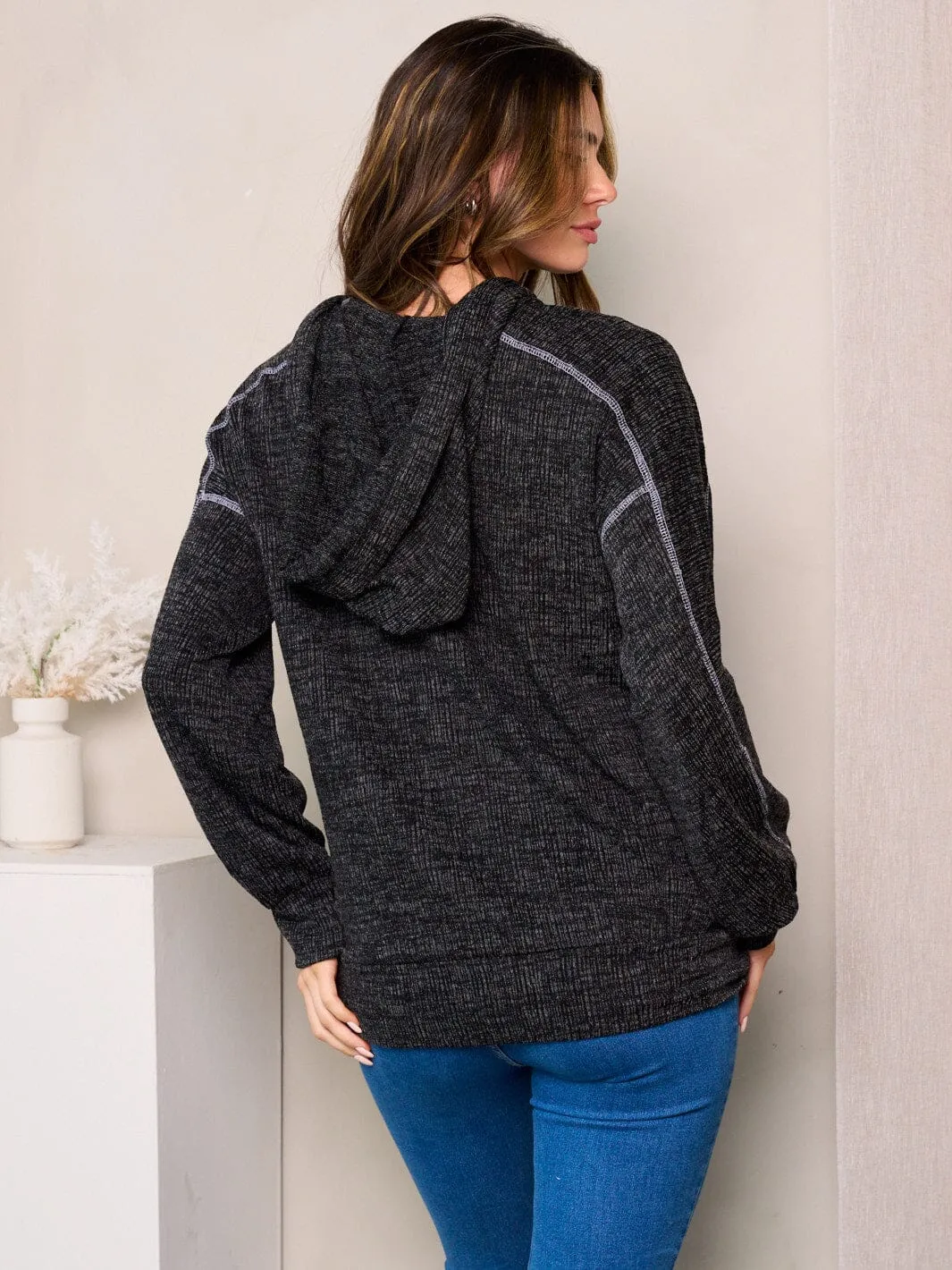 WOMEN'S LONG SLEEVES V-NECK FRONT POCKETS HOODED TOP
