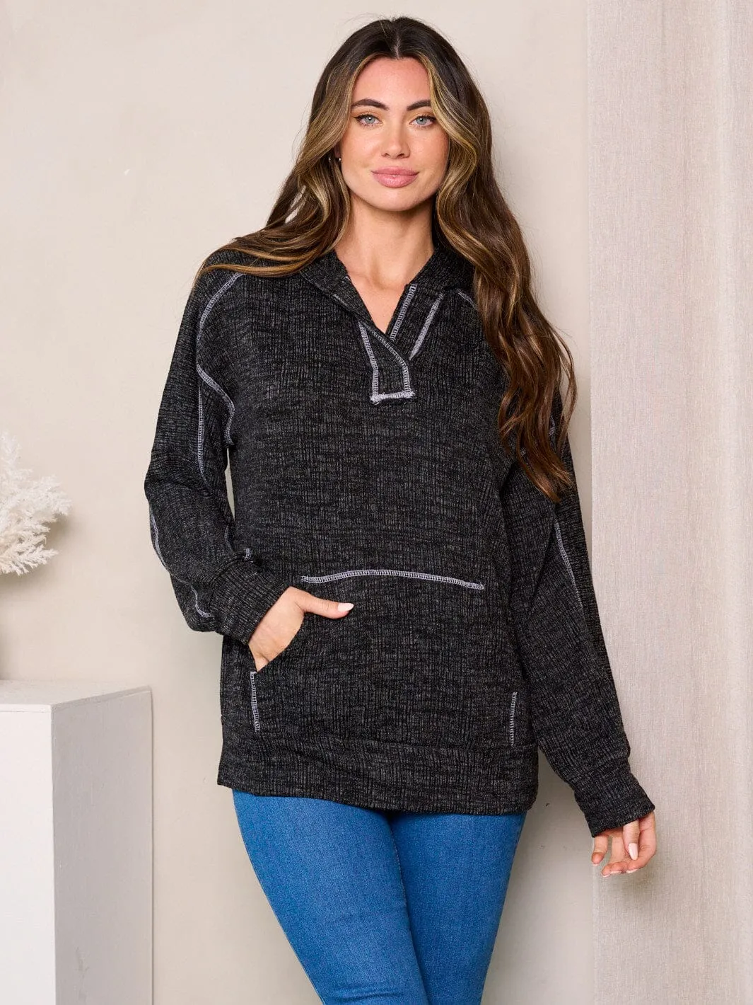 WOMEN'S LONG SLEEVES V-NECK FRONT POCKETS HOODED TOP
