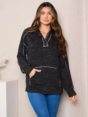 WOMEN'S LONG SLEEVES V-NECK FRONT POCKETS HOODED TOP
