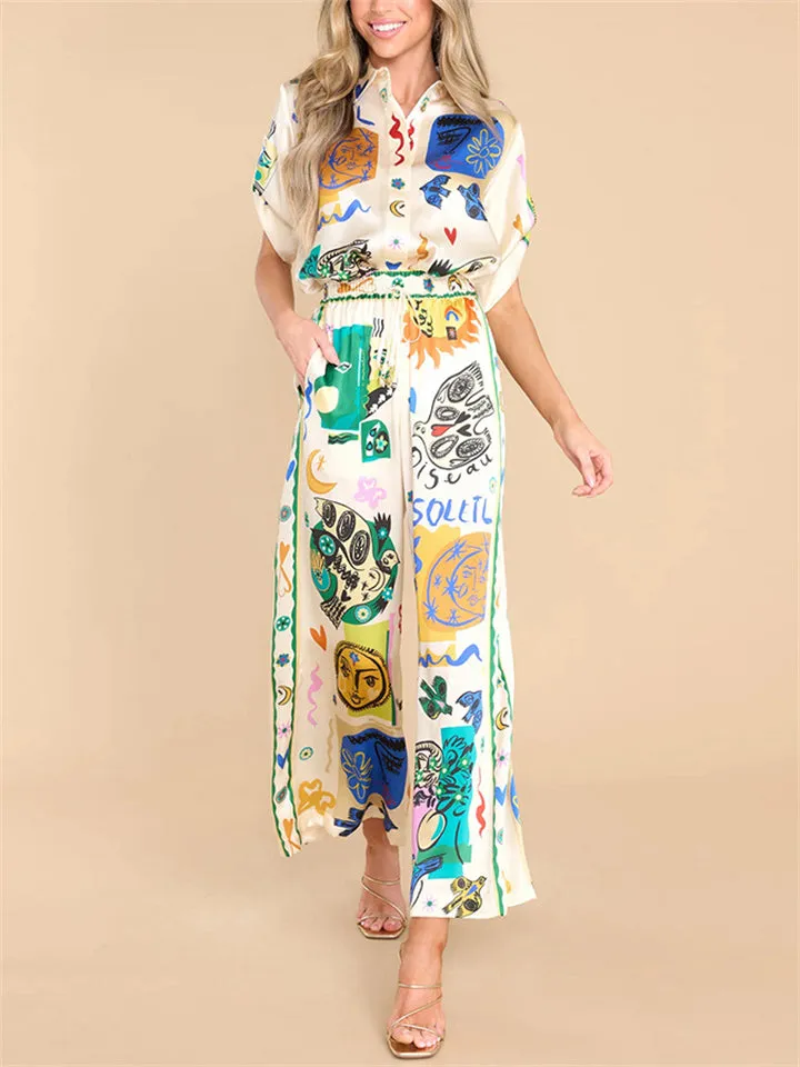 Women's Personality Graffiti Lapel Half Sleeve Shirt   Pants