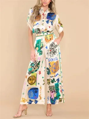 Women's Personality Graffiti Lapel Half Sleeve Shirt   Pants