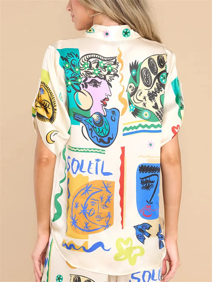 Women's Personality Graffiti Lapel Half Sleeve Shirt   Pants