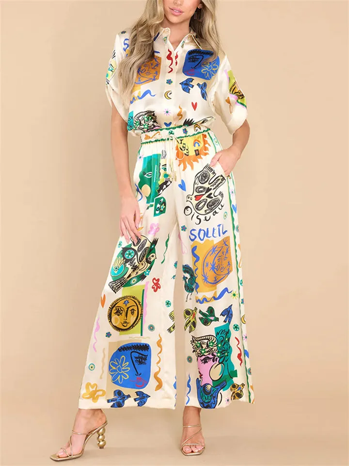 Women's Personality Graffiti Lapel Half Sleeve Shirt   Pants