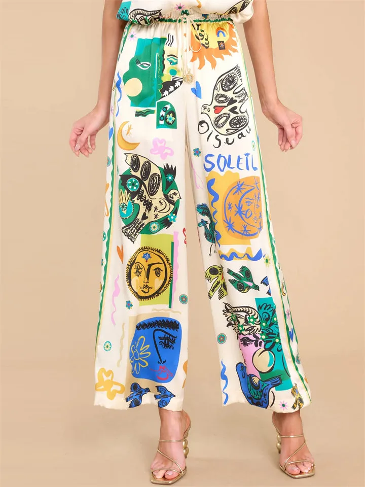Women's Personality Graffiti Lapel Half Sleeve Shirt   Pants