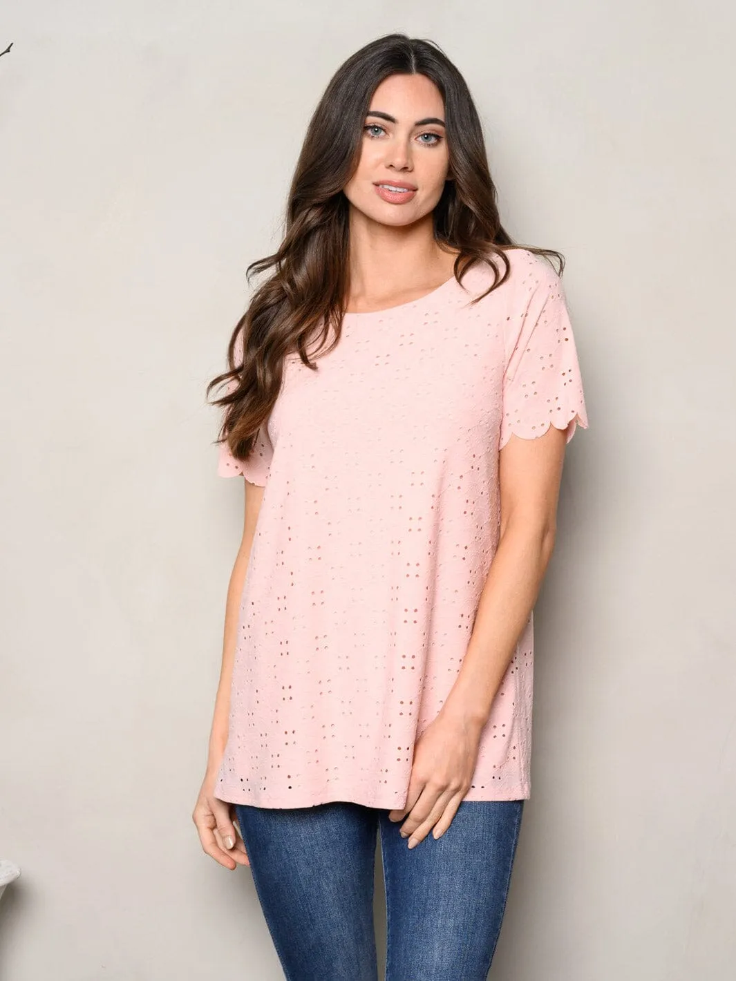 WOMEN'S SHORT SLEEVE EYELET DETAILED TUNIC TOP