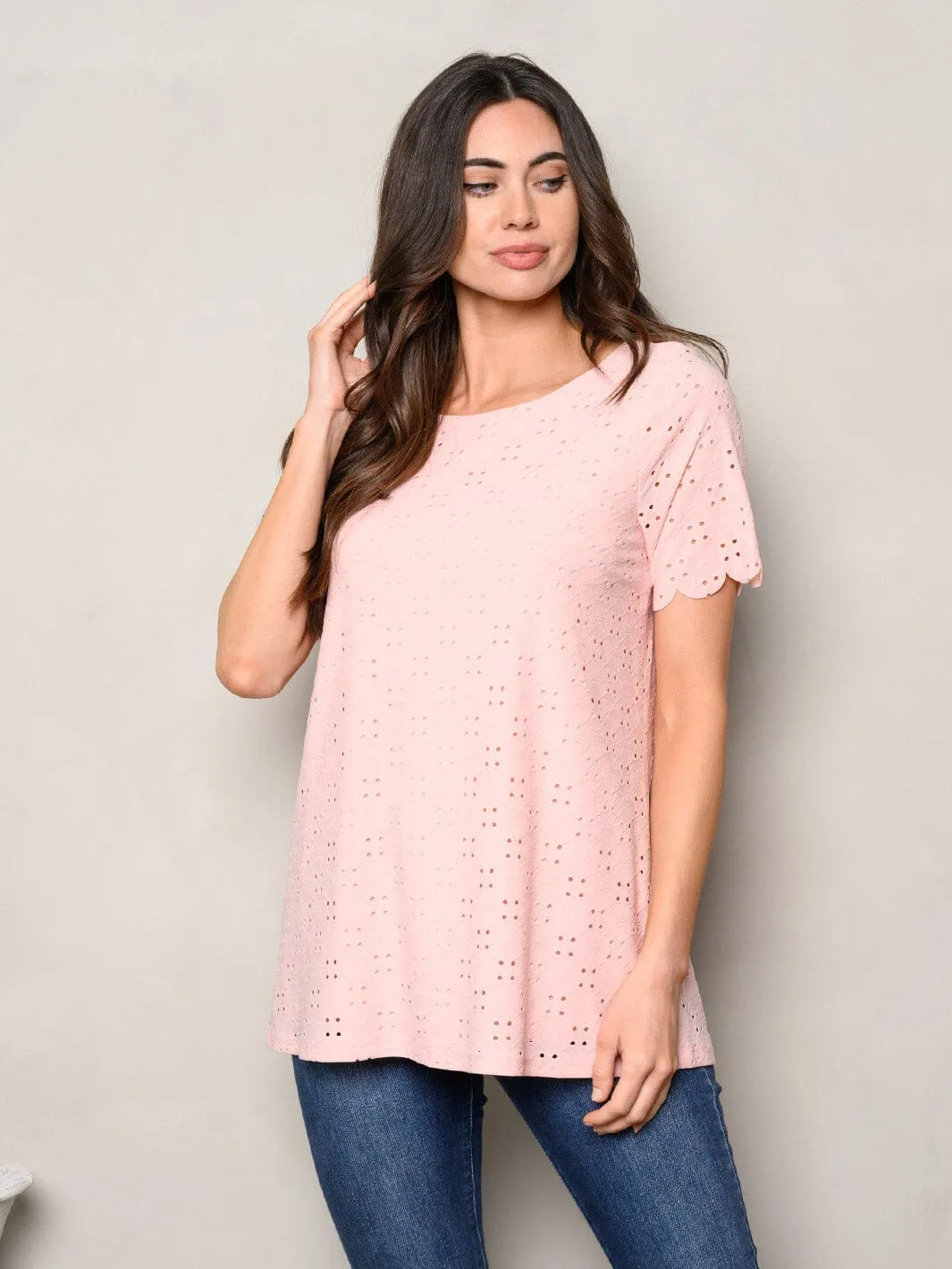 WOMEN'S SHORT SLEEVE EYELET DETAILED TUNIC TOP