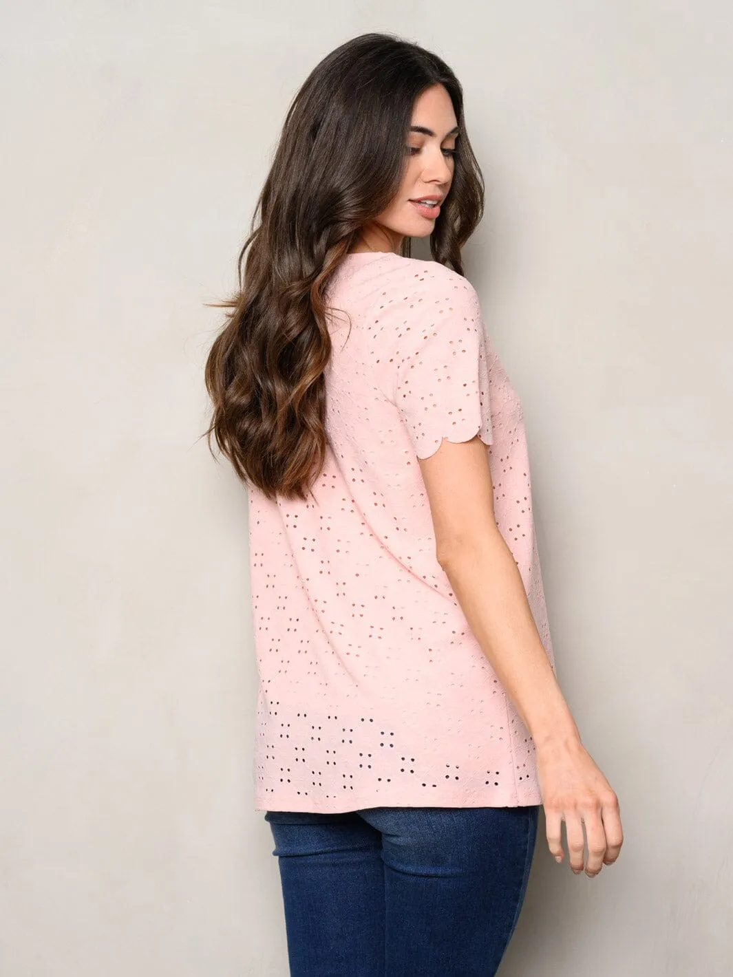 WOMEN'S SHORT SLEEVE EYELET DETAILED TUNIC TOP