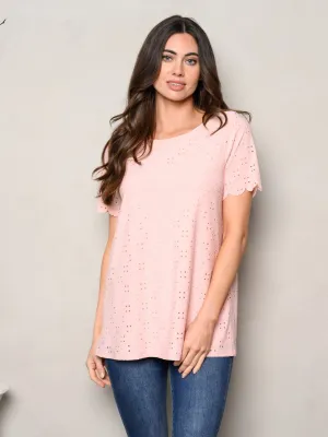 WOMEN'S SHORT SLEEVE EYELET DETAILED TUNIC TOP