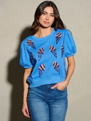 WOMEN'S SHORT SLEEVE SEQUINS ICE CREAM PRINT PATRIOTIC BLOUSE TOP
