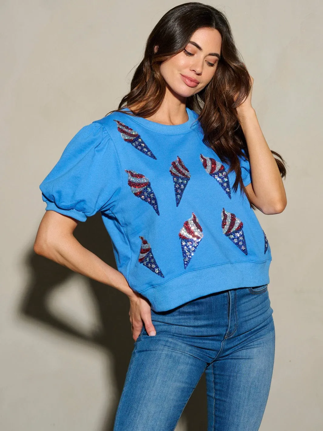WOMEN'S SHORT SLEEVE SEQUINS ICE CREAM PRINT PATRIOTIC BLOUSE TOP
