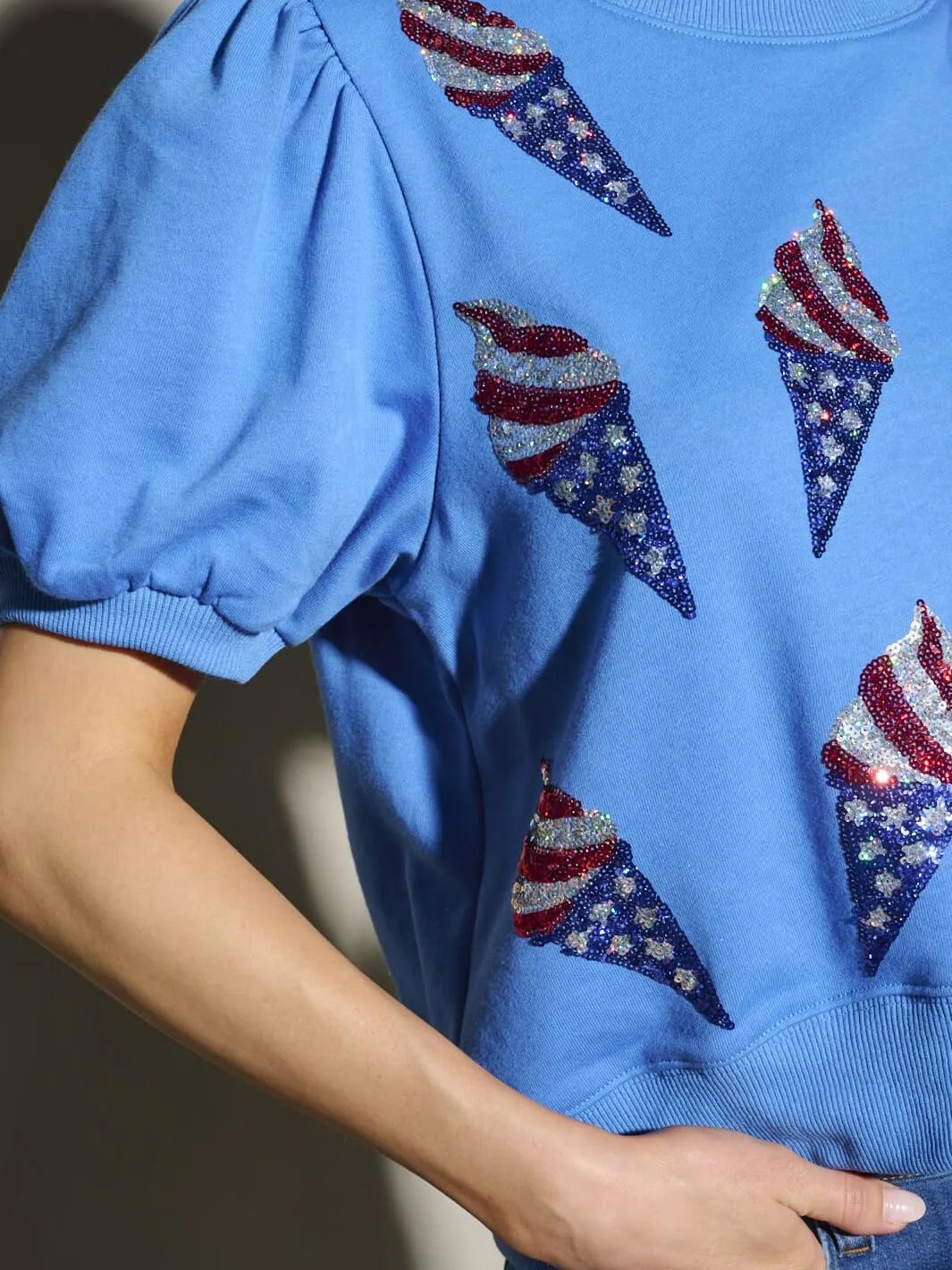 WOMEN'S SHORT SLEEVE SEQUINS ICE CREAM PRINT PATRIOTIC BLOUSE TOP