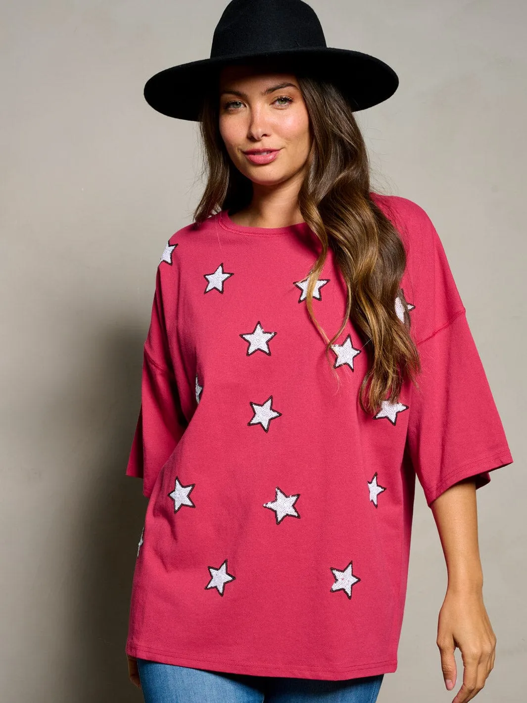 WOMEN'S SHORT SLEEVE SEQUINS STARS PATRIOTIC TUNIC BLOUSE TOP
