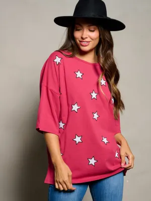 WOMEN'S SHORT SLEEVE SEQUINS STARS PATRIOTIC TUNIC BLOUSE TOP
