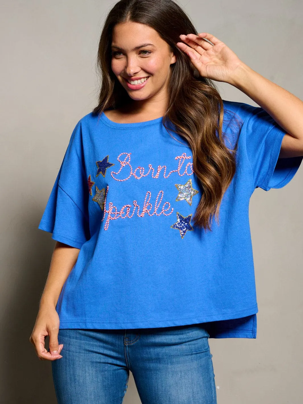 WOMEN'S SHORT SLEEVE STARS BORN TO SPARKLE PATRIOTIC TUNIC BLOUSE TOP