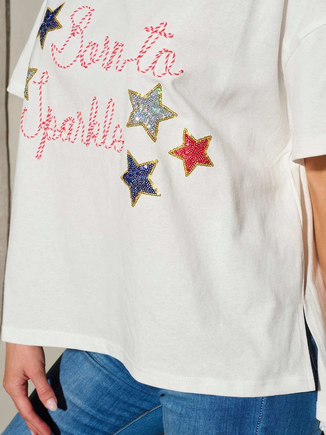WOMEN'S SHORT SLEEVE STARS BORN TO SPARKLE PATRIOTIC TUNIC BLOUSE TOP
