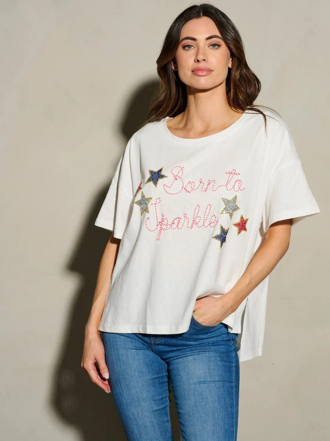 WOMEN'S SHORT SLEEVE STARS BORN TO SPARKLE PATRIOTIC TUNIC BLOUSE TOP