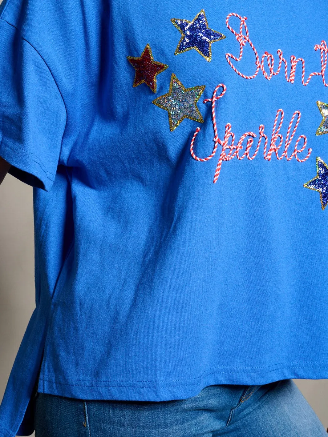 WOMEN'S SHORT SLEEVE STARS BORN TO SPARKLE PATRIOTIC TUNIC BLOUSE TOP