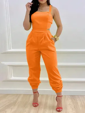 Women’s Summer Fashion Solid Color Backless Jumpsuit With Tapered Leg