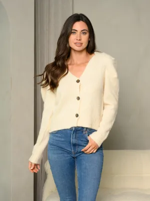 WOMEN'S V-NECK BUTTON DOWN PUFFED SLEEVE KNITTED CARDIGAN