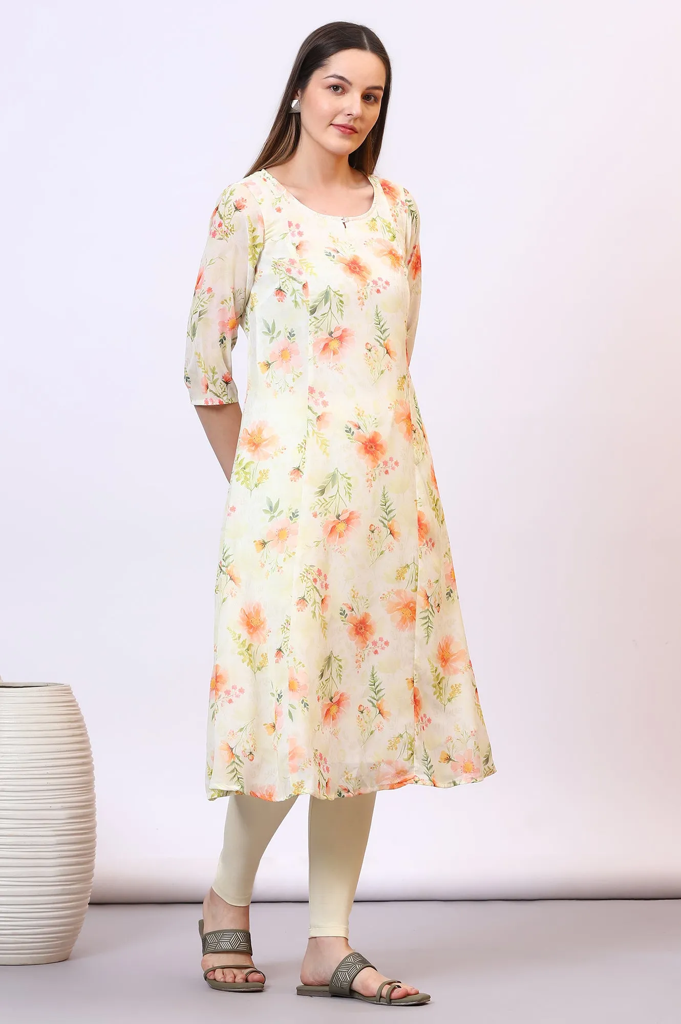 Yellow Digital Floral Printed Sheer A-line Kurta and Leggings Set with Dupatta