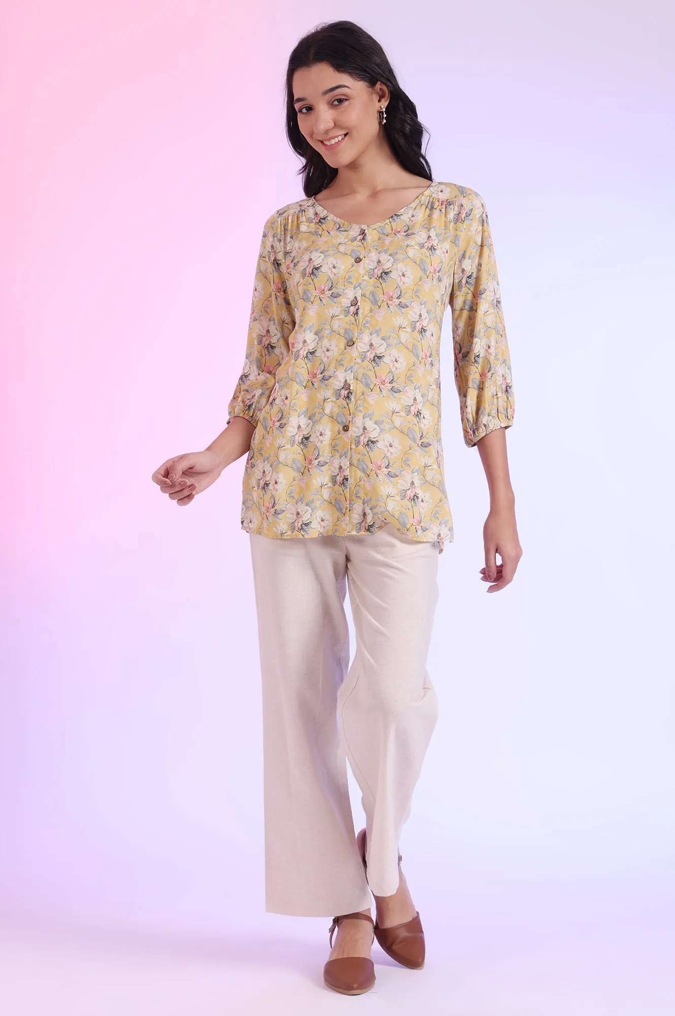 Yellow Printed Straight Modal Kurti