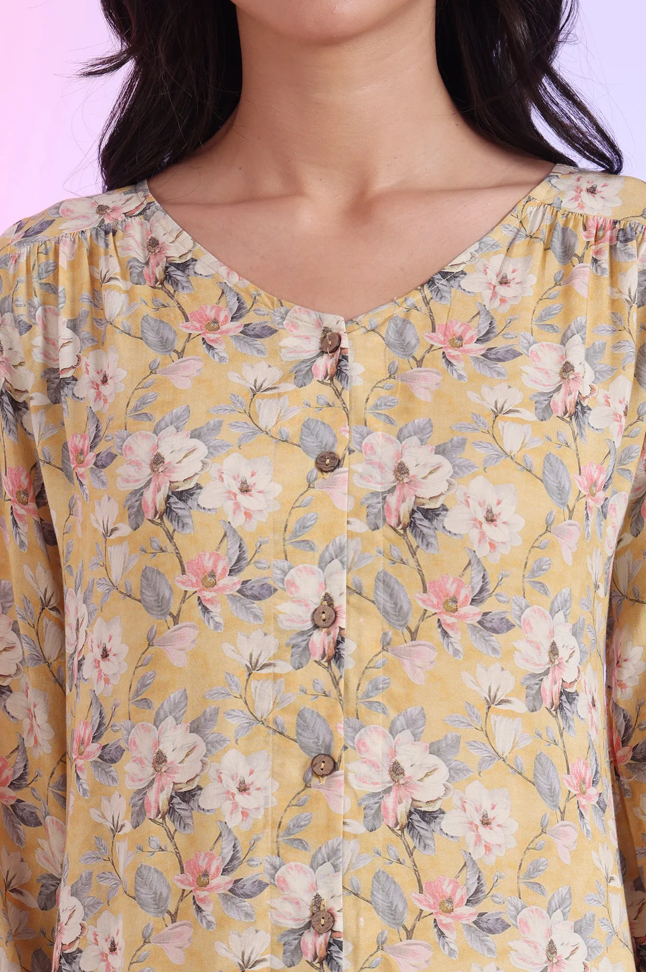 Yellow Printed Straight Modal Kurti