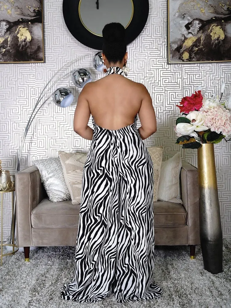 Zebra Print Backless Halter Jumpsuits